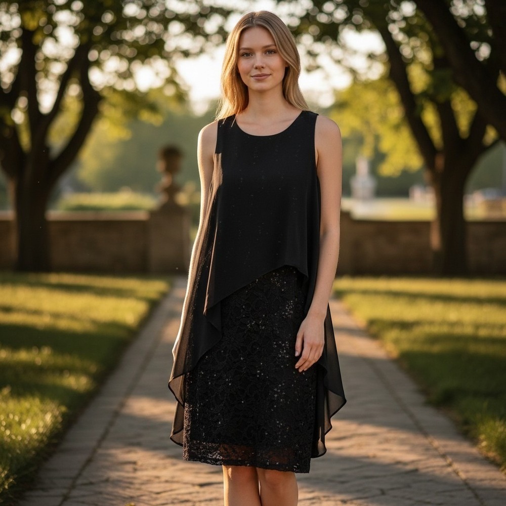 Tiana B Black Lace Sequin Layered Cocktail Dress Size 6‎ NWT T0747